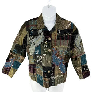 Vintage Alex Kim Womens M Patchwork Velvet Jacket Art To Wear Embroidered BOHO